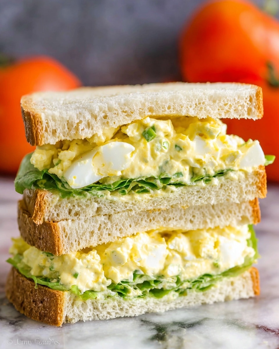 The image shows a close-up of a two-layer egg salad sandwich cut in half and stacked, placed on a surface with a white marbled texture. The sandwich has three slices of soft white bread, each slice showing a light golden crust. The bottom layer holds crisp green lettuce leaves, topped with a creamy, chunky egg salad mixture in pale yellow with visible pieces of egg white and some herbs. The middle bread slice separates the egg salad and lettuce from another thick portion of the same creamy egg salad on top. The sandwich halves show a slightly messy texture with the egg salad spilling a bit outside the bread. In the blurry background, there are two ripe red tomatoes adding a pop of color. photo taken with an iphone --ar 4:5 --v 7