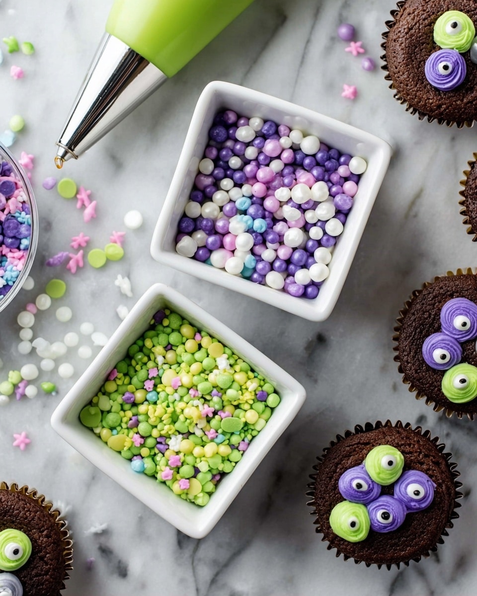 The image shows two white square bowls filled with colorful sprinkles on a white marbled surface. The top bowl has purple, white, pink, and dark blue round and flat sprinkles, including small edible eyes. The bottom bowl contains green, white, and light yellow round and flat sprinkles, also with small edible eyes. Around the bowls, there are chocolate cupcake bases, some topped with smooth, bright green frosting or decorated with purple and white sprinkles that match those in the bowls. A green frosting piping bag with a silver tip lies to the top left. Some sprinkles are scattered on the surface. Photo taken with an iphone --ar 4:5 --v 7