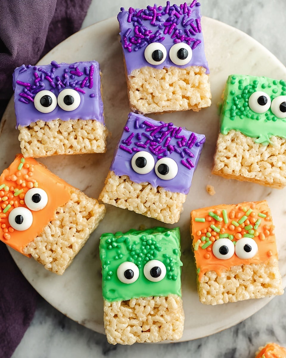 The image shows several rectangular Rice Krispies treats arranged on a round white plate with a white marbled surface beneath. Each treat has a top half dipped in smooth purple, orange, or green icing with different sprinkles; the purple icing is decorated with small round and rod-shaped purple sprinkles, the orange icing with round orange and pearl-like sprinkles, and the green icing with green rod and round sprinkles. Each treat has candy eyes placed on the icing, with a mix of two, three, or four eyes per treat, looking in different directions to give a playful monster look. The bottom half of each treat shows the crispy rice texture clearly, while the colorful icing adds a shiny, thick layer on top. photo taken with an iphone --ar 4:5 --v 7