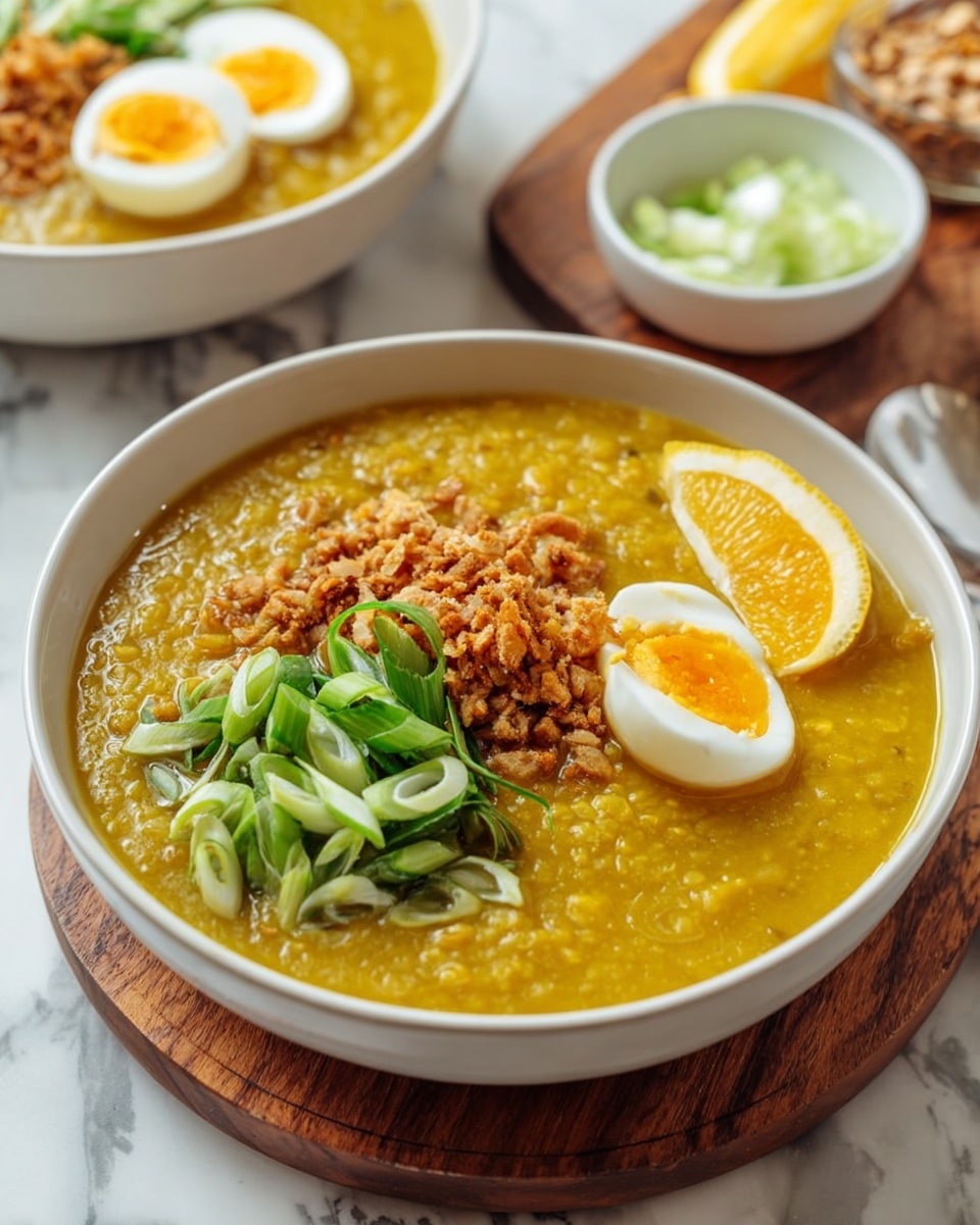 A white bowl is filled with a thick, yellow soup that looks creamy and textured with small grains, likely rice or lentils. On top of the soup, there are three main toppings arranged in a neat cluster: a sliced hard-boiled egg with a bright yellow yolk, a small pile of chopped green onions, and a heap of crunchy brown bits that might be fried onions or nuts. A thin slice of orange sits beside the toppings within the bowl, adding a touch of bright color. In the background, a white bowl with more chopped green onions and a small metal cup with more crunchy bits are on a wooden surface. There is another similar bowl of soup partly visible. The entire scene rests on a white marbled surface. Photo taken with an iphone --ar 4:5 --v 7
