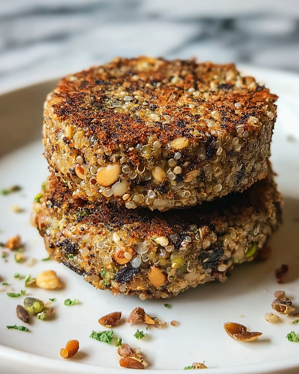 Two thick, round patties stacked on top of each other on a white plate with a few small crumbs and green herb bits around them. The patties have a coarse texture with visible pieces of black lentils, white grains, and light brown nuts, all held together with a crispy, golden-brown crust. The surface shows a mix of small seeds and grains, giving a crunchy look on the outside, while the inside appears soft and dense with a mix of natural colors from the ingredients. photo taken with an iphone --ar 4:5 --v 7