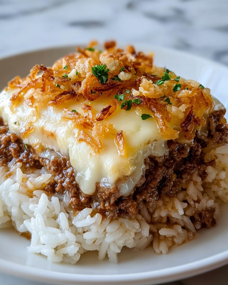 A white plate holds a three-layered dish on a white marbled surface. The bottom layer is a soft, slightly shiny rice with a creamy texture and pale beige color. Above this is a thick layer of cooked ground meat in a rich brown color, with small pieces and a moist look. The top layer is smooth, melted cheese that is light yellow to white, showing a slightly browned and bubbly surface. Crispy fried onions with golden brown and crunchy texture cover the cheese layer, sprinkled with small bits of fresh green herbs for color contrast. Photo taken with an iphone --ar 4:5 --v 7