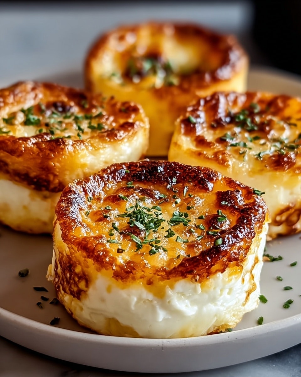The image shows three golden-brown cheese rolls with a crispy top layer sprinkled with finely chopped green herbs, arranged closely on a white plate. Each roll has a thick bottom layer of creamy white cheese, topped with a gooey, browned cheese layer. The top surface is shiny and textured with small bubbles and dark caramelized spots, giving a roasted look. The rolls are set on a white marbled surface with soft lighting highlighting their rich, warm colors and textures. Photo taken with an iphone --ar 4:5 --v 7