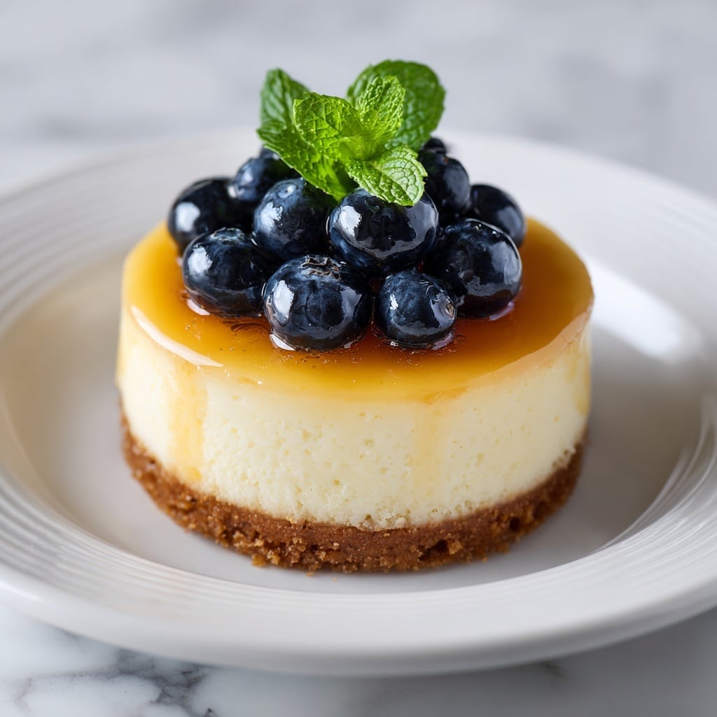 A small cheesecake with a golden brown crust forms the base layer, topped with a smooth, creamy pale yellow layer of cheesecake. On top, there is a shiny layer of amber-colored syrup evenly spread, covering the cheesecake surface except the crust edge. The center is decorated with a cluster of dark blue, glossy blueberries arranged in a circular pattern, with a small sprig of fresh green mint leaves placed right in the middle. The dessert sits on a white plate with a raised rim, placed on a white marbled surface. Photo taken with an iphone --ar 4:5 --v 7