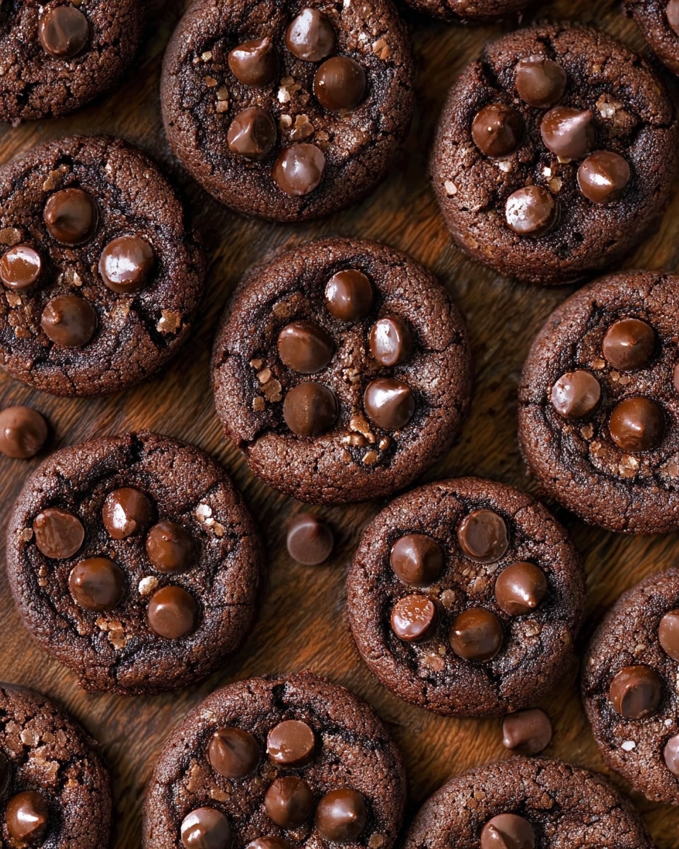 The image shows many round chocolate cookies laid out on a dark wooden surface. Each cookie has a cracked but soft-looking dark brown base and is topped with several shiny, melted dark chocolate chips scattered mostly in the center. The texture of the cookies looks slightly chewy with a rich chocolate color throughout. Photo taken with an iphone --ar 4:5 --v 7
