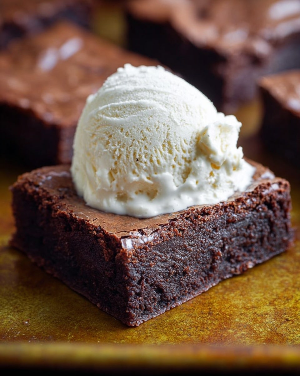 A close-up view of a single thick, square brownie with a smooth, shiny top layer and moist, dense dark brown inside. On top of the brownie, there is one large scoop of creamy pale vanilla ice cream with visible tiny vanilla bean specks and a soft texture. The dessert sits on a golden textured baking tray with other brownies blurred in the background. photo taken with an iphone --ar 4:5 --v 7