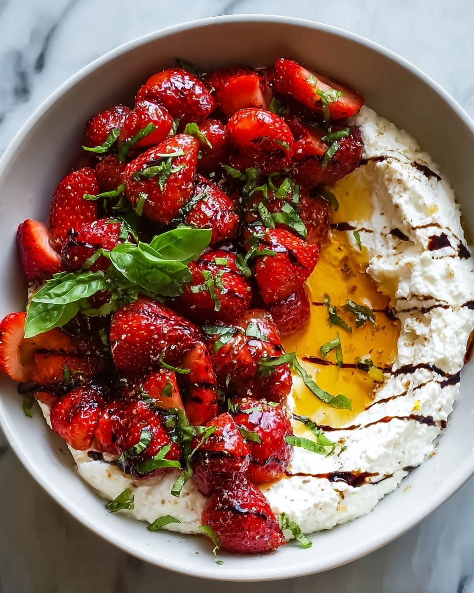 A white bowl holds a creamy, white cottage cheese base spread in a rough circular shape, topped with a generous layer of fresh, halved and whole bright red strawberries. The strawberries are glossy, showing they are fresh and juicy, scattered with small black seeds or spices. Green basil leaves are sprinkled over the fruit, adding a fresh contrast. A drizzle of golden olive oil and dark balsamic syrup swirls over the top, pooling slightly and shining in the light. A silver spoon rests on the right edge of the bowl, slightly dipped into the cheese. The bowl sits on a white marbled surface. photo taken with an iphone --ar 4:5 --v 7