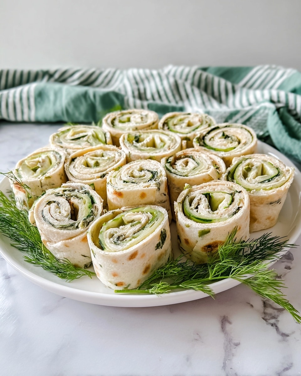 The image shows a white plate full of rolled wraps cut into small round pieces arranged neatly. Each wrap has three visible layers: the outer beige flatbread, a creamy white filling with herbs, and a thin green layer inside that looks like cucumber or a similar vegetable. The rolls are placed tightly together, some standing upright and others leaning slightly. The plate is on a white marbled surface, with a green and white striped cloth in the background and fresh green herb sprigs placed beside the plate. photo taken with an iphone --ar 4:5 --v 7