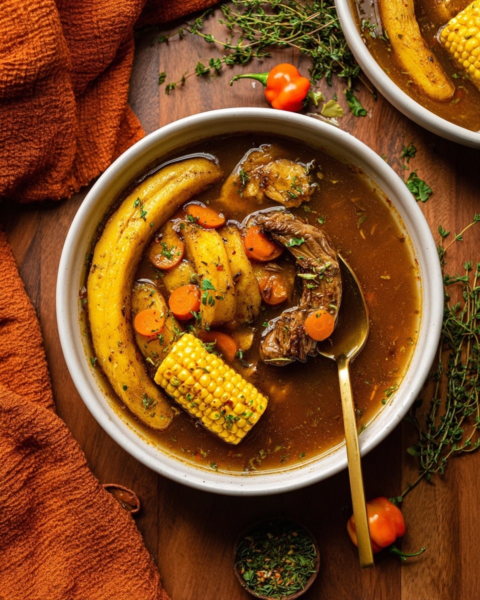A white bowl filled with a rich, brown broth soup containing three main layers: bright yellow corn on the cob pieces positioned near the center and left side, tender golden yellow chicken feet and meat chunks spread throughout, and soft orange carrot slices and small herbs sprinkled on top, adding texture and color. A golden metal spoon is partially dipped inside the soup on the right side, holding a piece of chicken. The bowl is placed on a wooden surface with a white marbled texture, with small orange peppers and green herbs arranged around it. photo taken with an iphone --ar 4:5 --v 7
