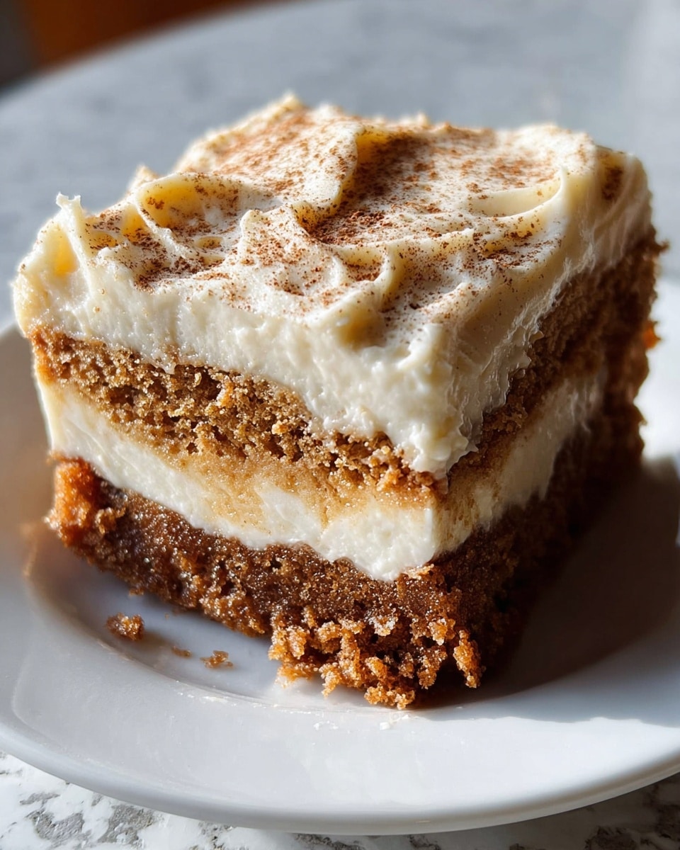A thick slice of cake with three main layers sits on a white plate over a white marbled surface. The bottom layer is a dense, dark brown cake with a crumbly texture, above it is a smooth, golden caramel layer, followed by a middle layer of creamy white frosting. The top third is another thick layer of the dark brown cake, covered in a thick, creamy white frosting that has a slightly wavy texture with light brown sprinkles dusted on top. Photo taken with an iphone --ar 4:5 --v 7