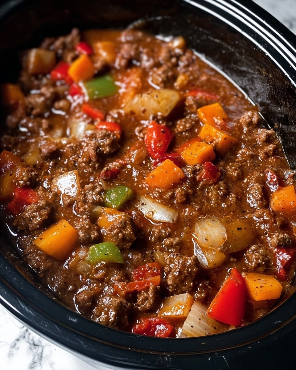 A close-up view of a rich brown stew in a black slow cooker, showing chunks of browned ground meat mixed with large soft pieces of onion in pale yellow and translucent white, diced bell peppers in bright orange and red, and small pieces of green pepper. The stew is thick with a glossy, slightly oily brown sauce that coats all the ingredients, with visible seasoning specks throughout. The surface beneath the pot is a white marbled texture. photo taken with an iphone --ar 4:5 --v 7