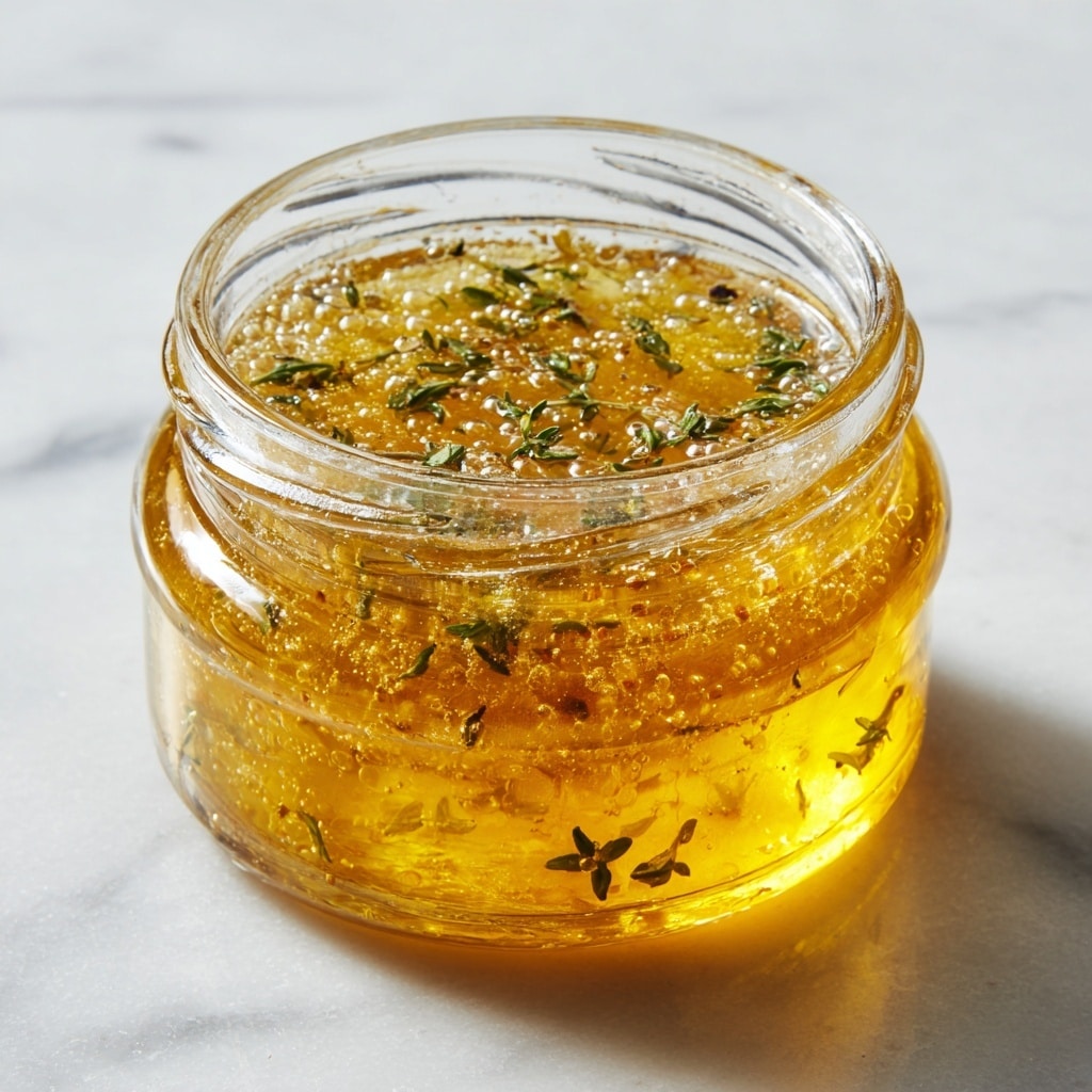 The image shows a white bowl filled with golden apple thyme jam that has a shiny, slightly chunky texture, topped with a small sprig of fresh thyme in the center. Surrounding the bowl are layers of different cheeses: soft, white square pieces with a thin rind directly behind, pale yellow wedge slices to the left, creamy blue-veined cheese at the bottom left, and pale yellow cubes arranged near the bottom. To the right of the jam, there are stacked triangular crackers with a light golden color. Clusters of green grapes and some more sprigs of thyme add fresh green color to the edges. The whole arrangement rests on a wooden board, placed on a white marbled surface. photo taken with an iphone --ar 4:5 --v 7