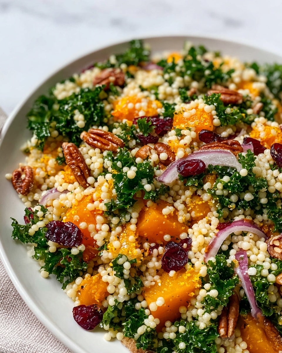 The dish is a colorful couscous salad served on a white plate placed on a white marbled surface. It has a base layer of small, round pearl couscous, light beige in color, mixed with bright orange roasted squash pieces scattered evenly. Dark green kale leaves add a leafy texture on top and around the couscous, and thin slices of red onion provide a subtle purple accent throughout. There are small bits of deep red cranberries and brown pecans mixed in, giving the salad a mix of smooth, leafy, and crunchy textures visible in every part of the dish. The ingredients are well blended but none overpower the other visually, creating a fresh and vibrant look. Photo taken with an iphone --ar 4:5 --v 7