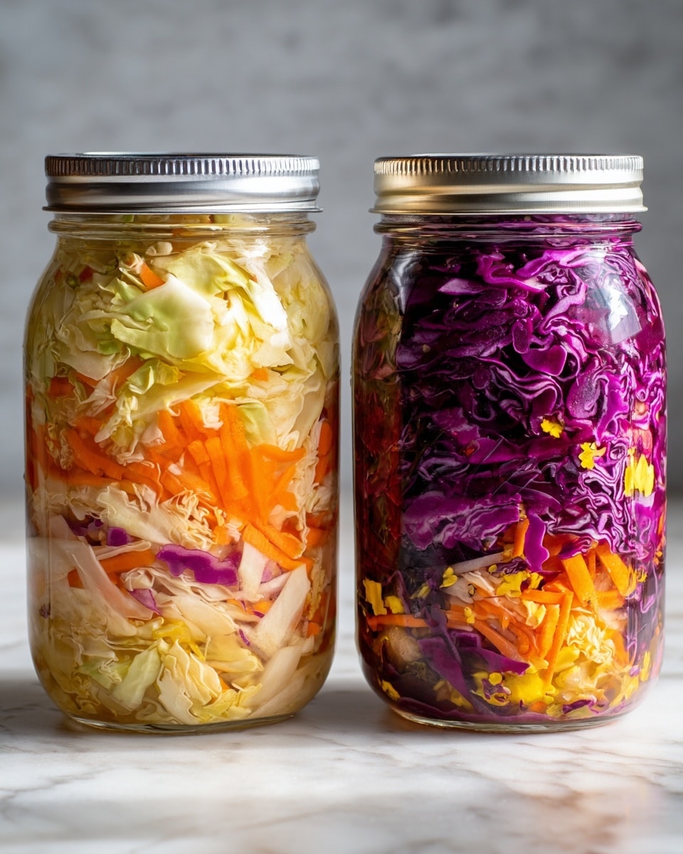Two clear glass jars sit side by side on a white marbled surface, each filled with a colorful shredded vegetable mix. The left jar shows two layers: a bottom layer of light beige shredded cabbage and a top layer of bright orange shredded carrots, both with a slightly moist texture. The right jar also has two layers: a deep purple shredded cabbage bottom layer mixed with bits of light cream cabbage, topped with a sprinkle of golden-yellow powder, creating a textured contrast. The jars’ round openings and clear glass reveal the fresh, vibrant ingredients clearly. Photo taken with an iphone --ar 4:5 --v 7