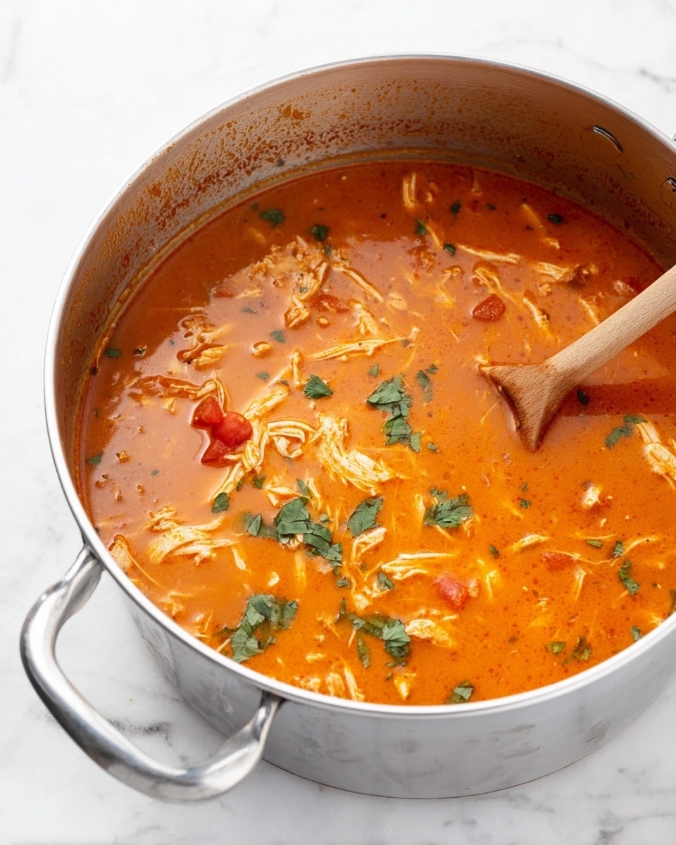 A large silver pot filled with a thick orange-red soup with visible pieces of shredded white chicken and small chunks of red tomato floating inside. The soup has a smooth texture with some herbs, possibly chopped cilantro, scattered on top in small green pieces. A wooden spoon rests inside the pot, partially submerged in the soup, stirring gently. The pot is set on a white marbled surface, and the soup has left a slight red residue around the inside edge of the pot. photo taken with an iphone --ar 4:5 --v 7