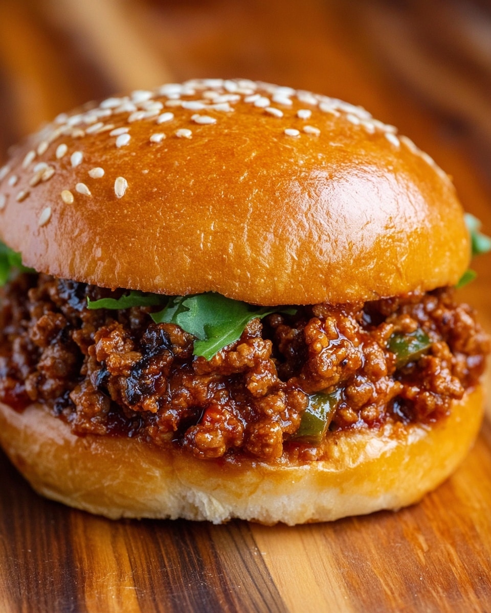 A close-up image of a sandwich made with a shiny golden-brown sesame seed bun on top and a soft bottom bun, filled with a thick layer of cooked ground meat mixed with finely chopped green vegetables and a thick red sauce. The texture of the meat looks juicy and well-cooked, packed densely between the two buns. The sandwich sits on a wooden surface with warm tones, highlighting the moist and hearty filling inside the bread. photo taken with an iphone --ar 4:5 --v 7