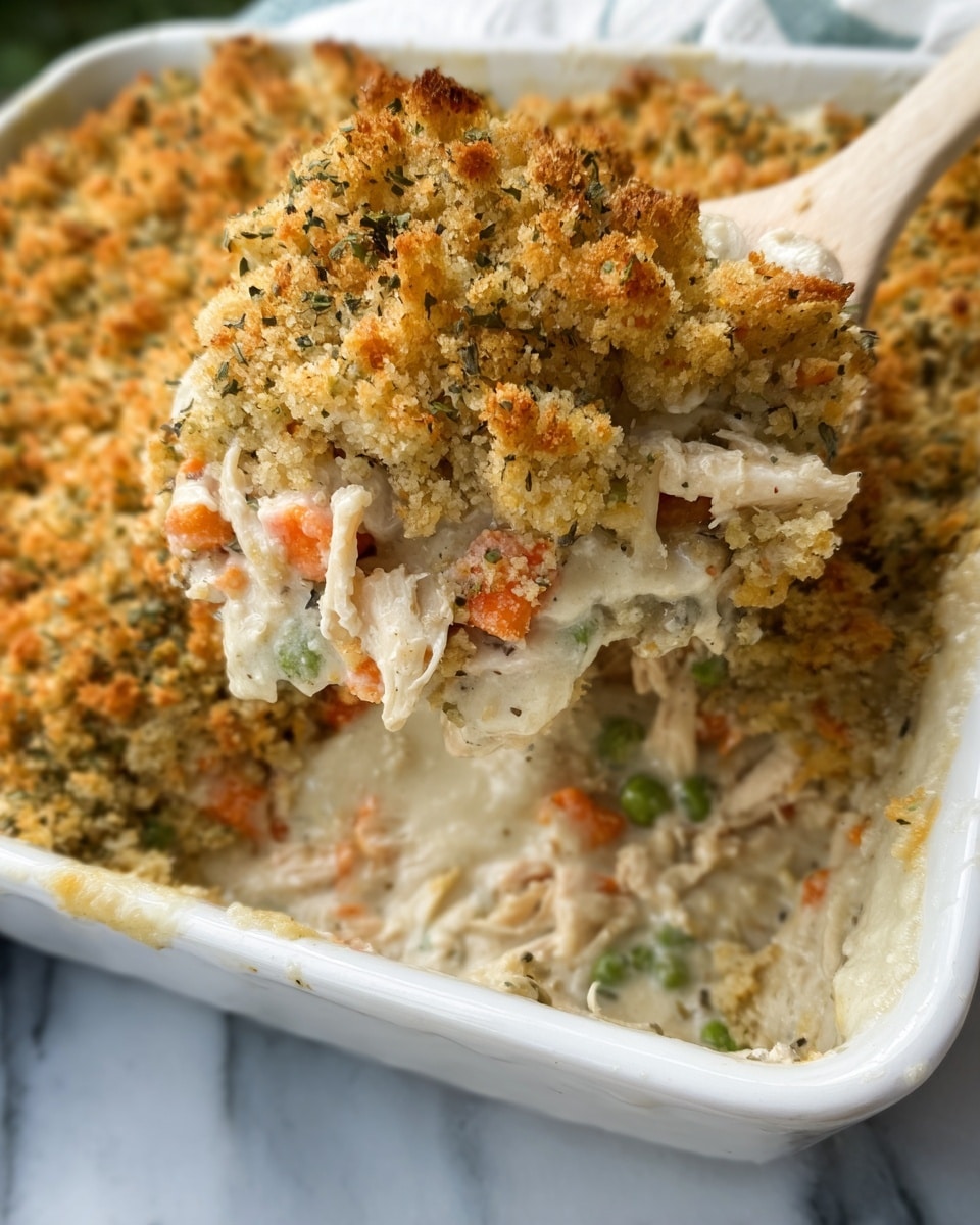 The dish is a creamy casserole with three main layers inside a white rectangular dish on a white marbled surface. The bottom layer is a thick mix of shredded white chicken and small pieces of orange carrots and green peas in a white creamy sauce. Above that is a chunky, golden-brown bread crumb topping mixed with herbs, which looks crunchy and uneven. A scoop of the casserole lifts this mixture in the foreground on a white spatula with a light wooden handle, showing the soft creamy filling underneath the crusty bread layer. Photo taken with an iphone --ar 4:5 --v 7