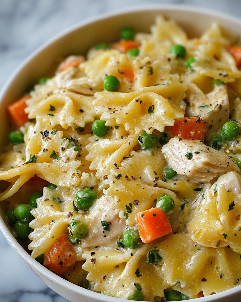 The image shows a close-up of a white bowl filled with a creamy pasta dish. The pasta is farfalle, light yellow in color, with a soft and slightly shiny texture. Mixed in the pasta are bright green peas and small cubes of orange carrots, adding a pop of color. There are also pieces of pale chicken covered in the creamy sauce, with some black pepper and small green herb bits sprinkled on top. The creamy sauce coats every layer evenly, making the dish look rich and smooth. The bowl rests on a white marbled surface. photo taken with an iphone --ar 4:5 --v 7