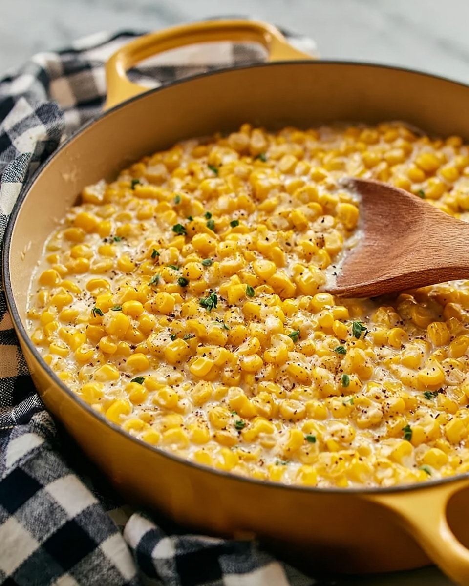 A shallow yellow pan filled with cooked yellow corn kernels mixed with small bits of translucent onions and sprinkled with small green herb pieces. The pan sits on a white marbled surface, partially covered by a cloth with green, yellow, white, and beige stripes. A wooden spoon is resting on the right side of the pan, slightly covered with melted butter or oil. The corn looks glossy and moist with a rich buttery texture. photo taken with an iphone --ar 4:5 --v 7