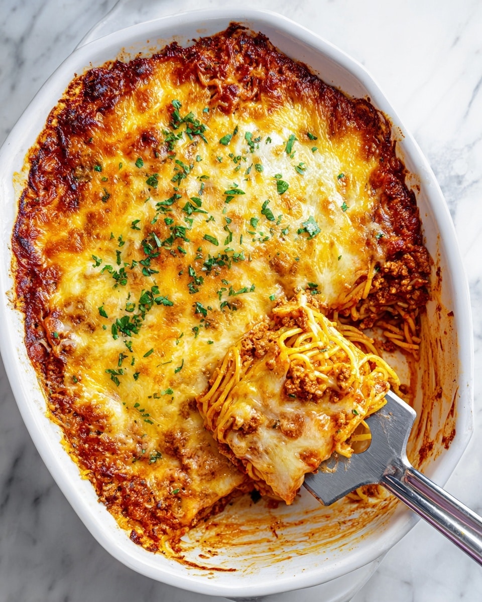 A thick square slice of spaghetti lasagna sits on a white plate with a white marbled texture underneath. The bottom layer is golden-brown baked noodles with some sauce visible, topped by a thick, dense layer of yellow spaghetti noodles, followed by a rich, chunky layer of dark reddish-brown meat sauce. On top, there is a smooth, melted golden-yellow cheese layer sprinkled with small green herb pieces for garnish. Some sauce and small noodle pieces spill slightly on the plate edges. Photo taken with an iphone --ar 4:5 --v 7