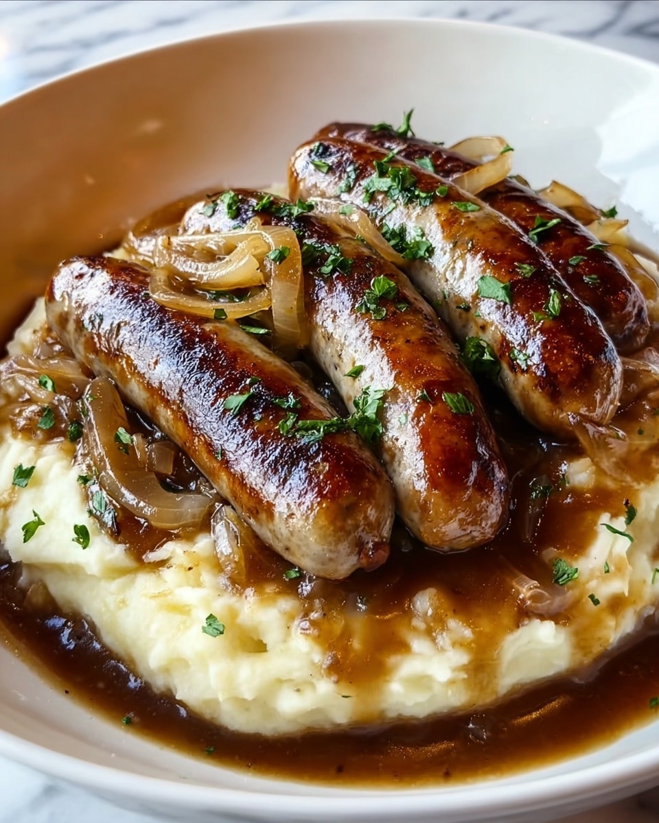 The image shows a white bowl filled with a bed of creamy mashed potatoes, light yellow in color with a smooth but slightly textured surface. On top of the mashed potatoes, there is a layer of thick brown gravy that covers the edges and some of the potatoes. Over the gravy, three browned sausages with visible grill marks are placed side by side. The sausages have a shiny, slightly oily texture and are garnished with finely chopped green herbs. Scattered on and around the sausages are translucent, cooked onions that look soft and caramelized. The whole dish rests on a white marbled surface. Photo taken with an iphone --ar 4:5 --v 7