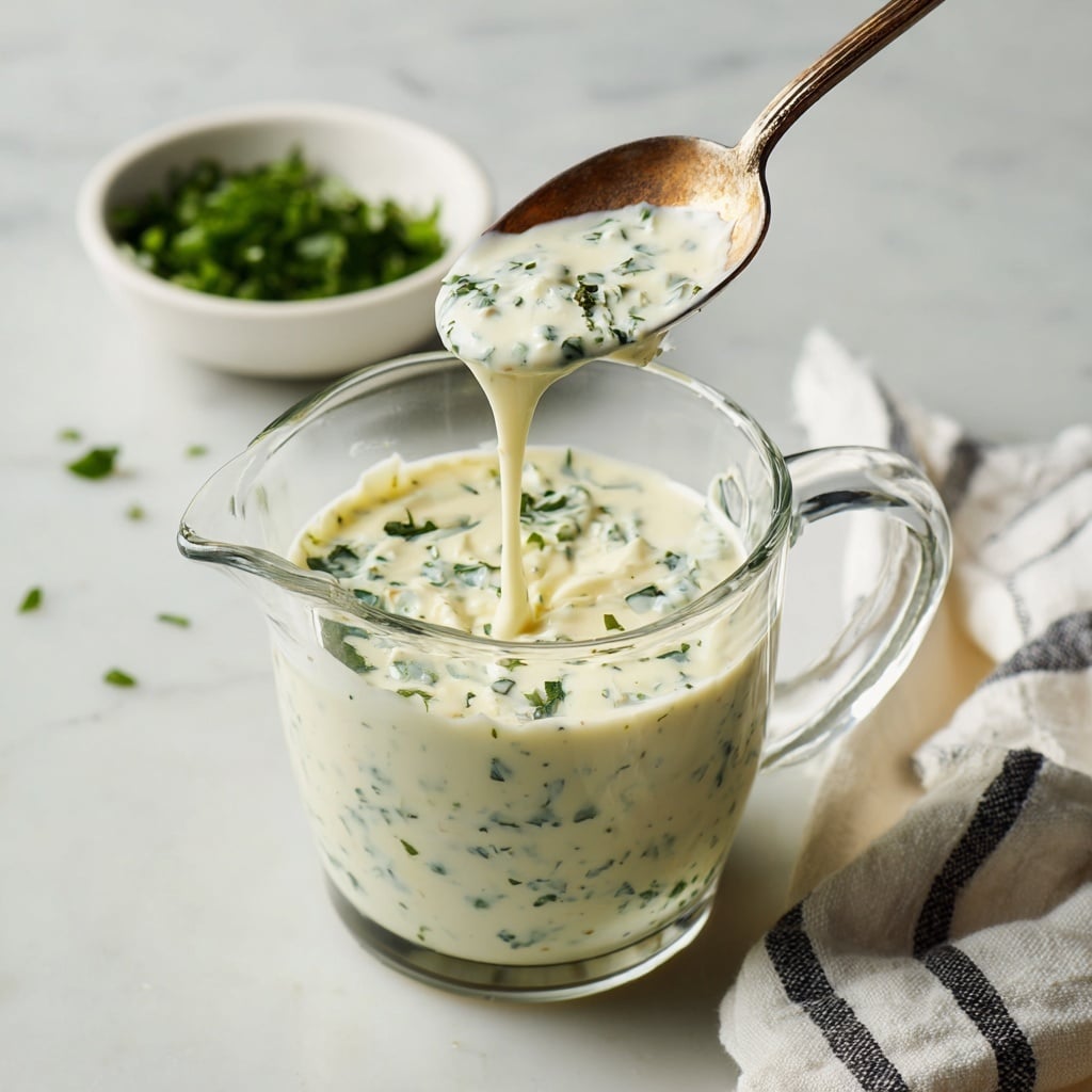 A clear glass measuring cup filled with a creamy white sauce speckled with small green herbs is shown, with a spoon lifting some sauce above the cup, the sauce thick and dripping slightly. The background is a white marbled surface, with a small white bowl containing chopped green herbs and a white cloth with thin black stripes partially visible to the right. photo taken with an iphone --ar 4:5 --v 7