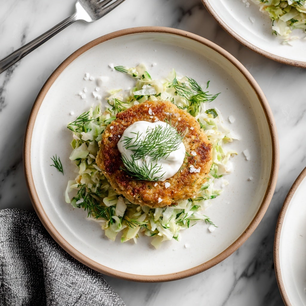 A close-up of a browned, crispy patty with a rough, textured surface sitting on a bed of finely chopped green cabbage mixed with herbs that add a fresh touch. On top of the patty, there is a smooth dollop of white sauce crowned with fresh green dill sprigs, adding contrast and a hint of delicacy. The dish is served on a white plate, all placed on a surface with a white marbled texture. photo taken with an iphone --ar 4:5 --v 7