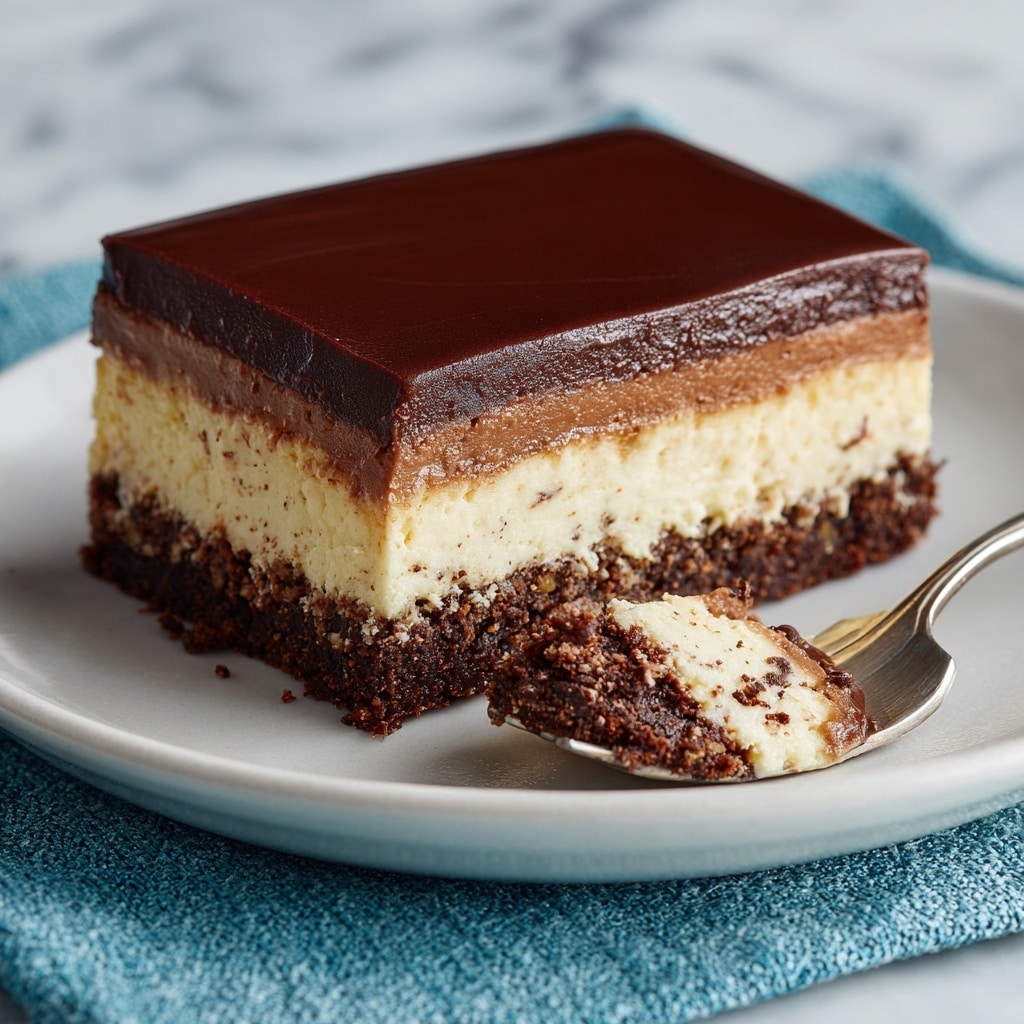 A slice of pie with three layers sits on a white plate on a white marbled surface. The bottom layer is dark brown and crumbly, forming a crust. The middle layer is thick, smooth, and creamy light brown. The top layer is glossy, dark brown, and appears ganache-like. Behind on a glass cake stand, the rest of the pie is visible with the same three layers. To the right of the plate, a glass partly filled with milk stands, and a silver fork rests on the plate near the pie slice. The background is blurred with a dark textured pattern. photo taken with an iphone --ar 4:5 --v 7