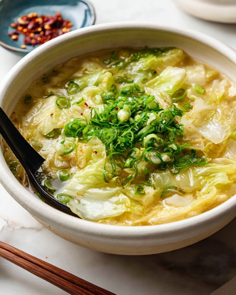 A close-up view of a white ceramic bowl filled with a soft, brothy soup featuring pale yellowish cooked cabbage leaves and chunks of tofu, all submerged in a light, clear broth. On top, there is a thick layer of finely chopped bright green spring onions scattered evenly across the surface. A black spoon rests inside the bowl to the left, slightly dipped in the broth, with wooden chopsticks placed along the edge. The background shows a white marbled surface with a small blue dish holding some red chili flakes slightly blurred in the distance. photo taken with an iphone --ar 4:5 --v 7