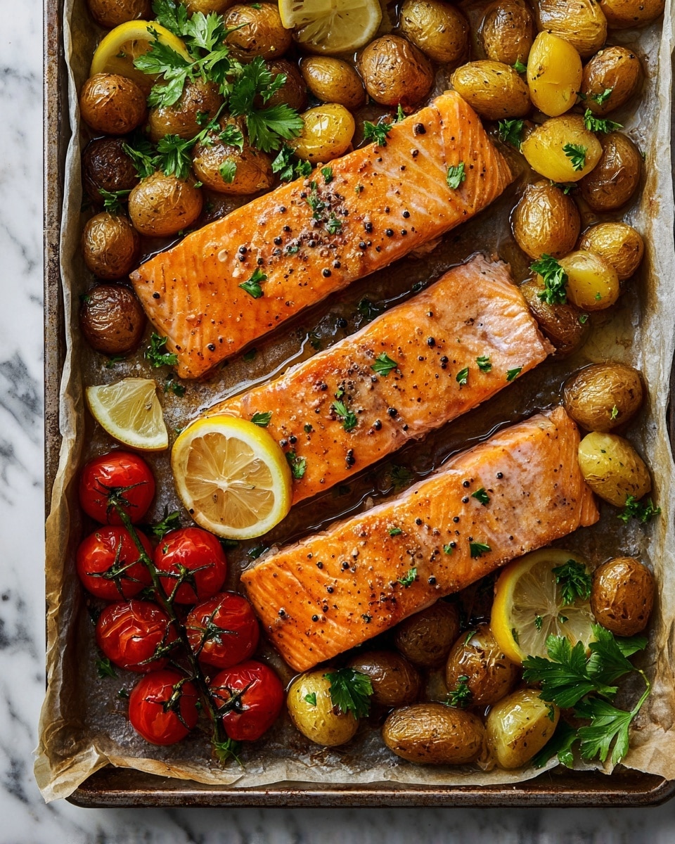 The image shows a metal baking tray lined with parchment paper filled with three large pieces of cooked salmon, each piece having a shiny orange color with small black pepper specks on top, placed at the center and slightly overlap. Around the salmon, there are many small roasted baby potatoes, golden brown with crispy skins and seasoned with black pepper. At the bottom left corner of the tray, a small cluster of bright red cherry tomatoes on the vine adds a pop of color. Scattered lemon wedges and fresh green parsley leaves decorate the dish, giving it a fresh look. The tray sits on a white marbled surface. photo taken with an iphone --ar 4:5 --v 7