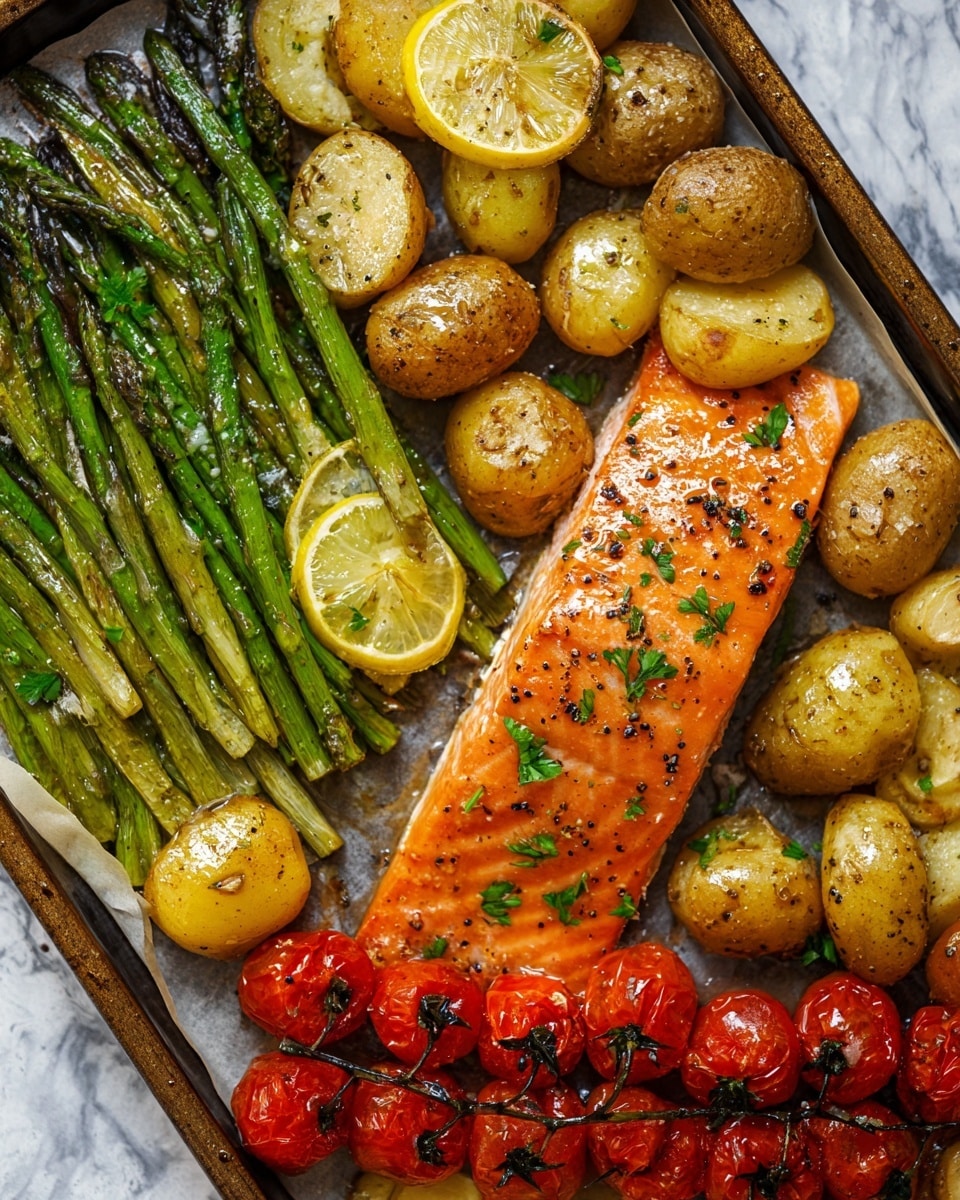 The dish features one main layer of cooked salmon fillet with a bright orange color and a slightly shiny, glazed texture, garnished with small green parsley leaves and black pepper specks. Surrounding the salmon are golden-brown roasted baby potatoes, cut in halves with a textured surface showing seasoning. To one side, there is a cluster of green asparagus spears, lightly charred with a mix of bright and dark green hues, topped with slices of pale yellow lemon wedges. At the bottom, there are several glossy red cherry tomatoes, some on the vine, adding a smooth and vibrant contrast. All the food is placed closely together on a baking tray lined with parchment paper. The whole scene is set on a white marbled texture. Photo taken with an iphone --ar 4:5 --v 7