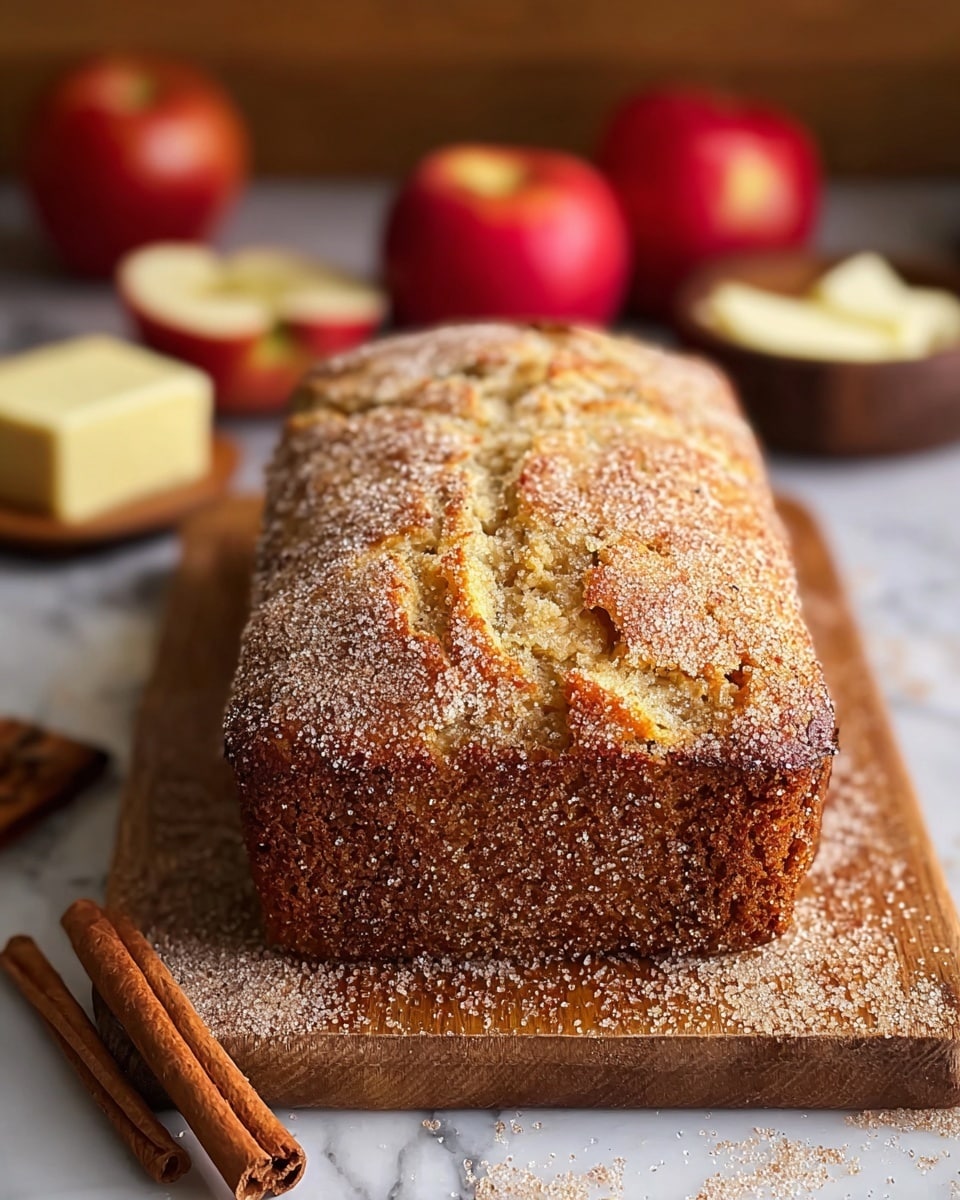 A loaf-shaped baked bread rests on a wooden cutting board over a white marbled surface, covered with a layer of coarse sugar crystals that sparkle under the light. The top has a golden-brown crust with visible cracks and a textured, sugary coating that adds a grainy look. The bread's body shows a mix of light tan and darker brown tones, suggesting ingredients like apples and cinnamon inside. In the blurred background, two red apples, a cinnamon stick, and small bowls of sugar and butter add warm, rustic hints. photo taken with an iphone --ar 4:5 --v 7