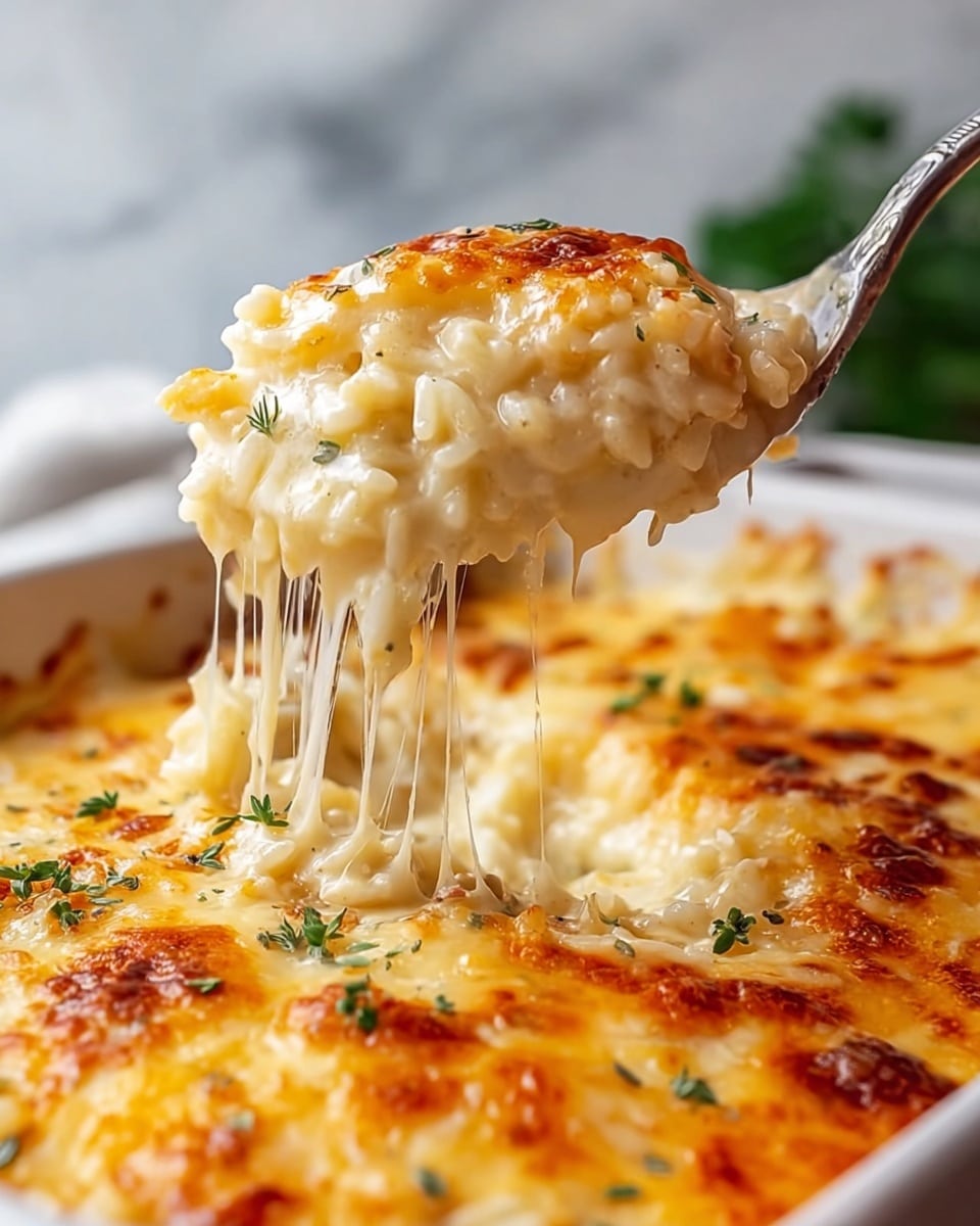 A close-up view of a white baking dish filled with three layers of creamy baked mac and cheese. The bottom layer is soft pasta mixed with a smooth, pale yellow cheese sauce. The middle layer shows gooey melted cheese with strings stretching up to a spoon lifting a portion, highlighting the rich texture. The top layer is golden-brown baked cheese with small browned spots and sprinkled green herbs on top. The dish is set against a white marbled surface. photo taken with an iphone --ar 4:5 --v 7