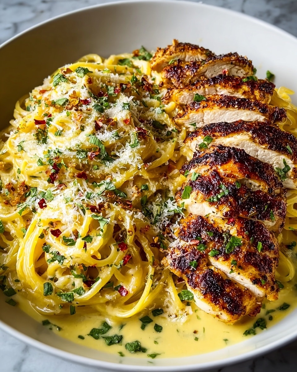 A white bowl filled with creamy spaghetti pasta on the left side, showing two nests of yellow noodles coated in a smooth, light cream sauce sprinkled with green herbs and small bits of red chili flakes. On the right side, there is a row of sliced grilled chicken breast with a dark, crispy, and slightly charred crust, garnished with finely chopped green herbs. The pasta and chicken rest on a base of more creamy sauce, and the whole dish is topped with grated white cheese and extra green herbs. The background features a white marbled texture. photo taken with an iphone --ar 4:5 --v 7