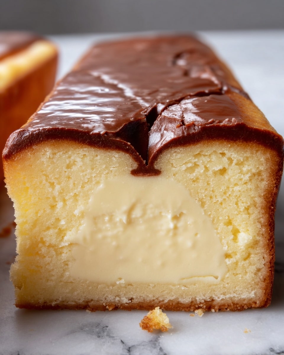 This image shows a sliced rectangular cake with a shiny, smooth golden-brown top layer that has a small crack running through the middle. Below the top layer, there is a thick, creamy, pale yellow inside that looks soft and moist. The cake base is slightly darker, forming a thin crust. The cake slice is placed on a white marbled surface with some crumbs around it, and parts of two more cake slices are visible in the background. photo taken with an iphone --ar 4:5 --v 7