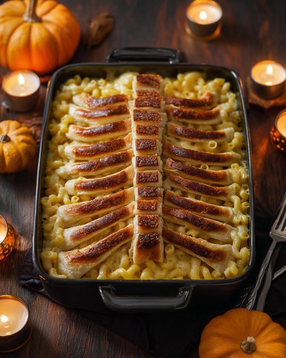 A casserole dish filled with macaroni and cheese as the base layer, creamy yellow with soft pasta shapes visible. On top, there are baked bread pieces arranged to look like a ribcage: a vertical line of small, cylindrical rolls forming the spine in the center, with curved bread sticks on either side acting as ribs. The bread is golden brown with darker toasted spots, creating contrast against the smooth macaroni. The dish is set on a dark wooden table with small orange pumpkins and lit candles around it, while the background is a white marbled surface. photo taken with an iphone --ar 4:5 --v 7