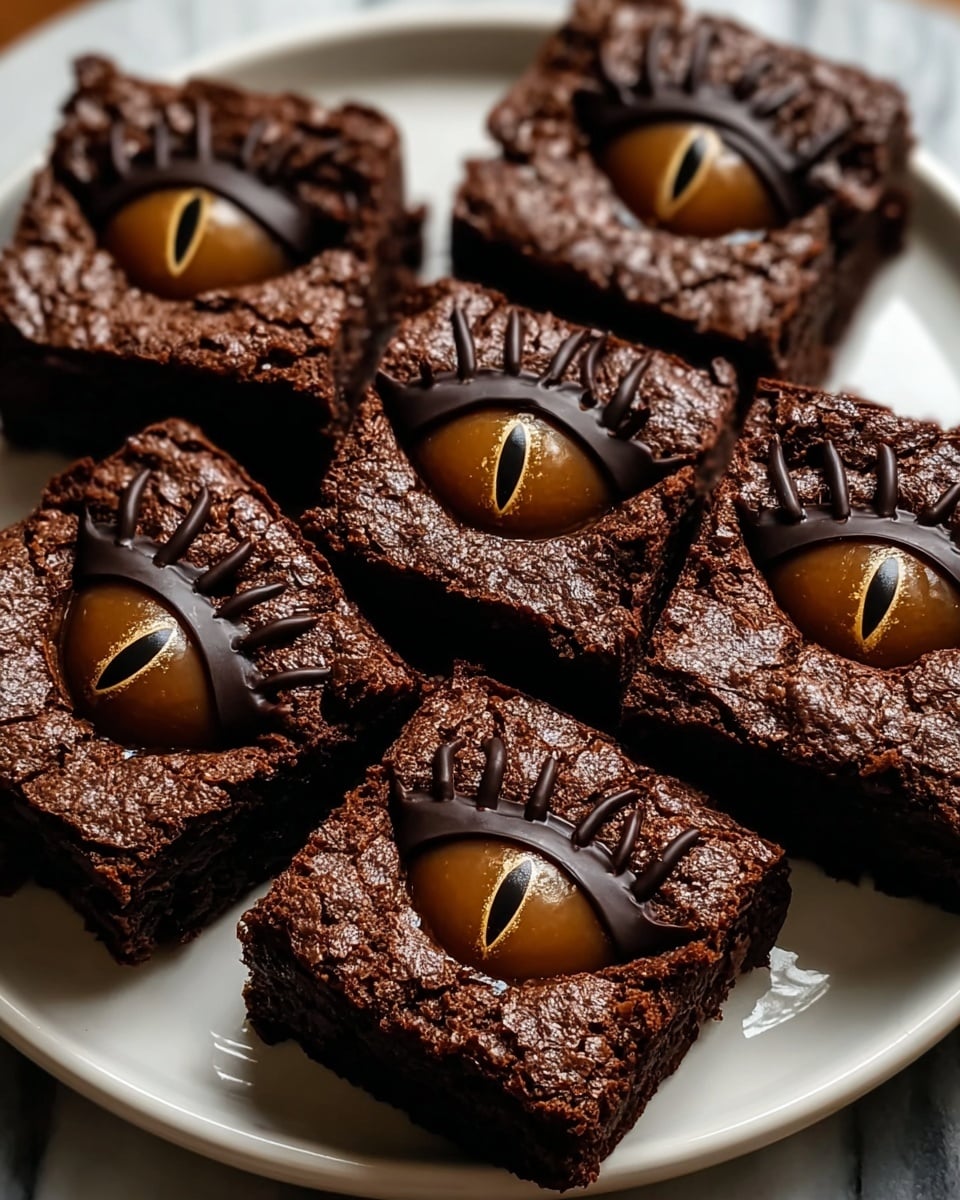 The image shows six square brownies with a rich, dark brown color and a cracked, textured top layer. Each brownie has a glossy, dark chocolate decoration shaped like an eye placed at the center, with a caramel-colored oval eye pupil featuring a black vertical slit in the middle. Around the caramel pupil, the chocolate eye design includes a smooth, curved upper eyelid and several short lines resembling eyelashes extending upwards. The brownies are arranged close together on a white plate, which rests on a white marbled surface. photo taken with an iphone --ar 4:5 --v 7