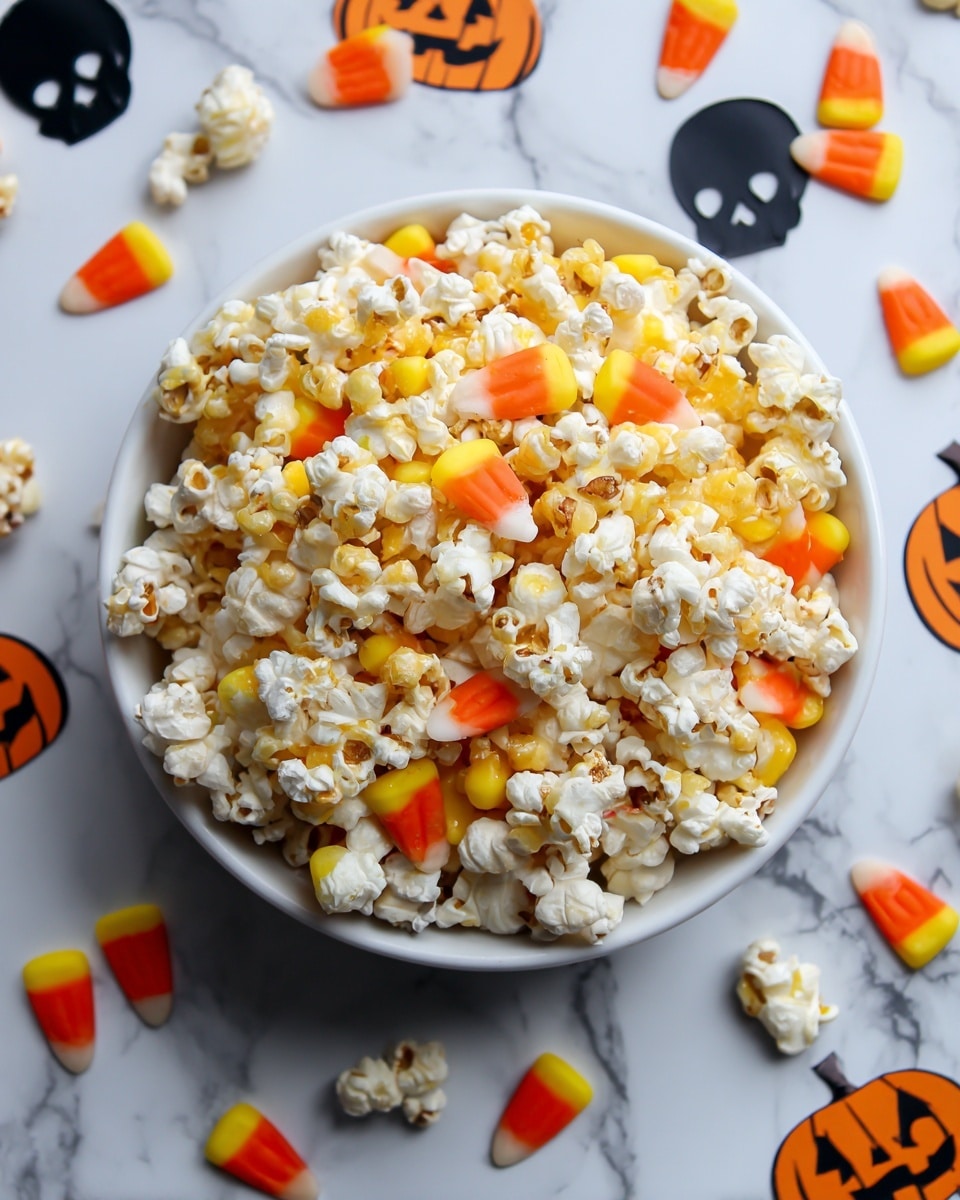 A white bowl is full of popcorn mixed with candy corn pieces, showing a mix of white, yellow, and orange colors. The popcorn has some parts that look a little caramelized with a light brown color. The candy corn pieces are scattered on top and around the bowl, each piece having three layers from bottom to top: yellow, orange, and white. The bowl sits on a white marbled surface decorated with Halloween-themed flat decorations in black and orange, including a jack-o'-lantern and skull shapes. photo taken with an iphone --ar 4:5 --v 7