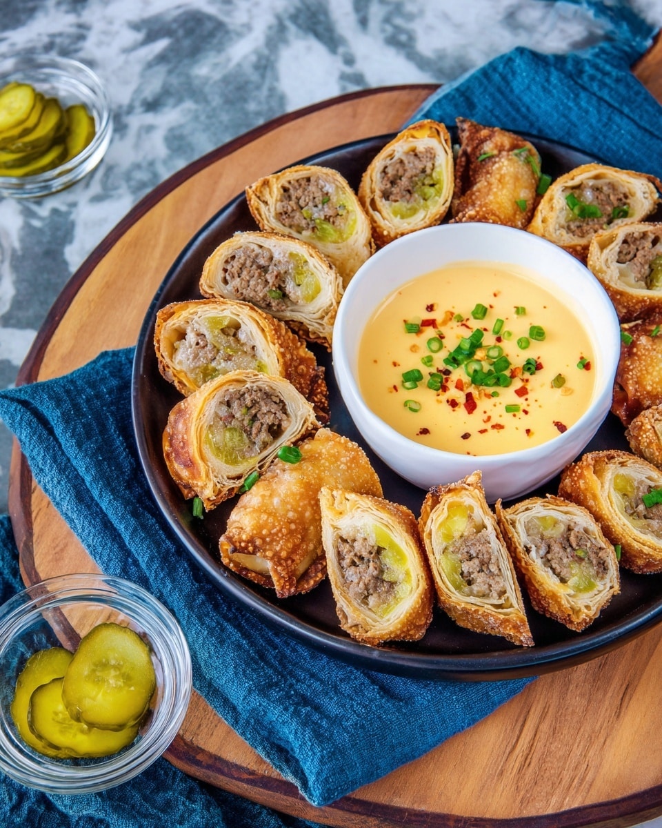 A round black plate sits on a wooden board filled with several golden brown fried egg rolls cut in half, showing layers of crispy outer skin and inside a mixed filling of ground meat, diced green pickles, and melted yellow cheese. The egg rolls are arranged around a small white ramekin in the center, holding a smooth creamy yellow dipping sauce topped with chopped green onions and red pepper flakes. The setting includes a white marbled surface beneath, a blue striped cloth, and a small clear bowl of sliced pickles nearby. photo taken with an iphone --ar 4:5 --v 7