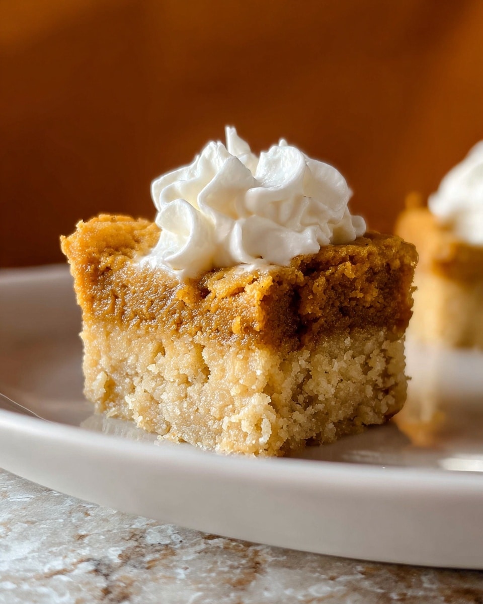 A close-up of a small dessert portion showing two layers on a white plate with a white marbled texture surface underneath. The bottom layer is crumbly and light beige, resembling a soft crust, while the top layer is thick and dense with a golden brown color and slightly textured surface. On top of the dessert is a small dollop of white whipped cream with soft peaks, placed slightly off-center. The background has a blurred warm brown tone, making the dessert the clear focus. photo taken with an iphone --ar 4:5 --v 7