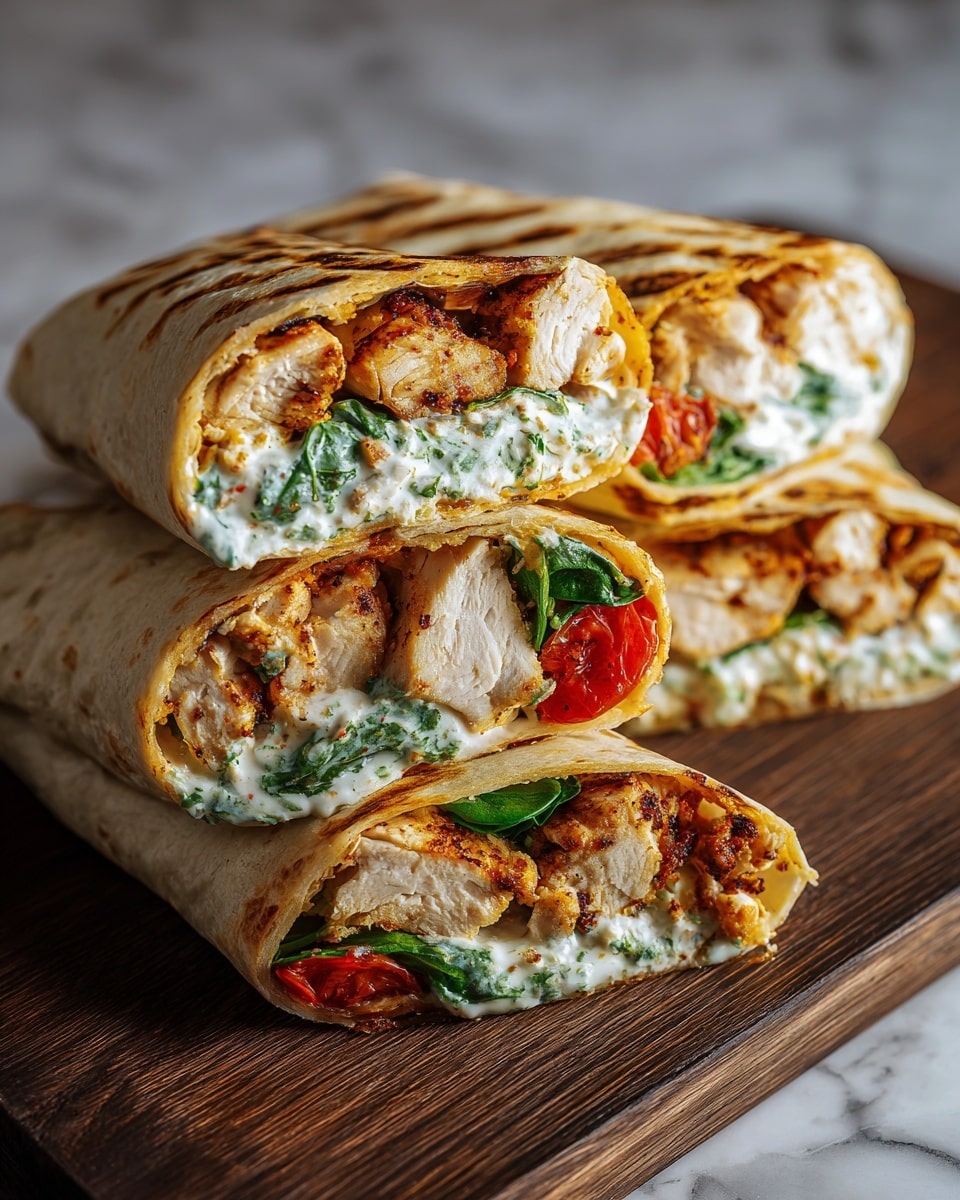 The image shows four wraps cut in half and stacked closely on a wooden board. Each wrap has a soft, lightly toasted tortilla shell with golden brown spots. Inside, there are thick layers of grilled chicken with a reddish-brown spice coating, bright green leafy lettuce, small pieces of red tomato, and a white creamy sauce mixed throughout. The fillings look fresh and tightly wrapped, giving a neat appearance. The background is a white marbled texture. photo taken with an iphone --ar 4:5 --v 7