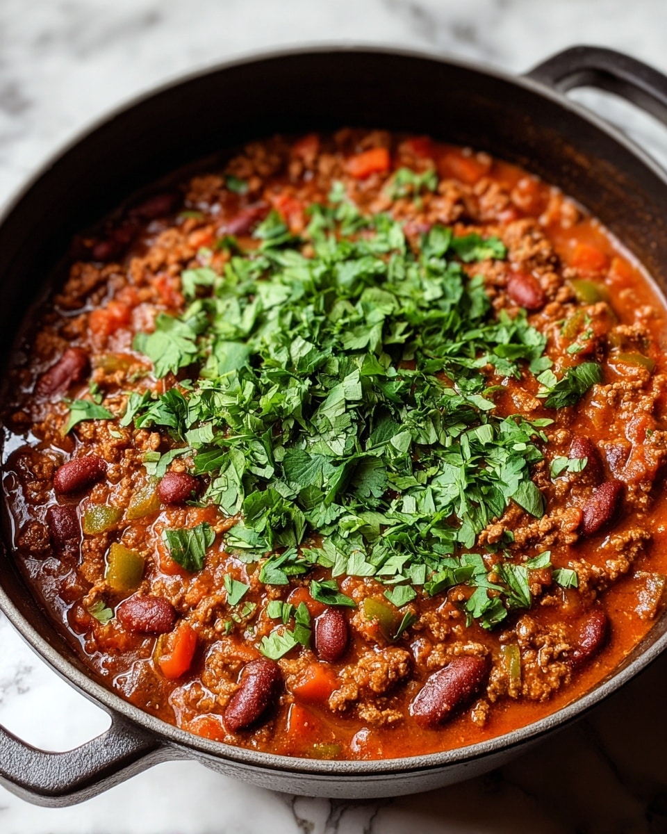A close-up of a black cast iron pan filled with chili, showing three main layers: the bottom layer is a rich, dark red chili sauce with visible chunks of cooked ground meat and white beans, the middle layer has diced green bell peppers and onion slices mixed in, and the top layer is a scoop of white sour cream garnished with fresh green cilantro leaves scattered on top. The pan sits on a white marbled surface with a metal spoon resting inside the pan on the right side. photo taken with an iphone --ar 4:5 --v 7