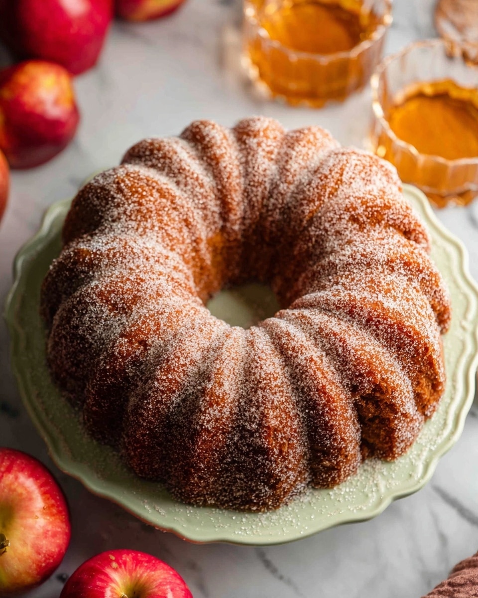A single-layer Bundt cake with a deep golden-brown color sits on a white plate with a subtle scalloped edge. The cake has a ridged, circular shape with a hole in the center and is covered in a dusting of fine white sugar that accentuates the ridges and textures of the cake's surface. Surrounding the plate are some bright red apples and blurred glasses of amber-colored liquid, all placed on a white marbled texture. The image is well lit, showing the cake’s crisp exterior and the powdery sugar coating clearly. photo taken with an iphone --ar 4:5 --v 7