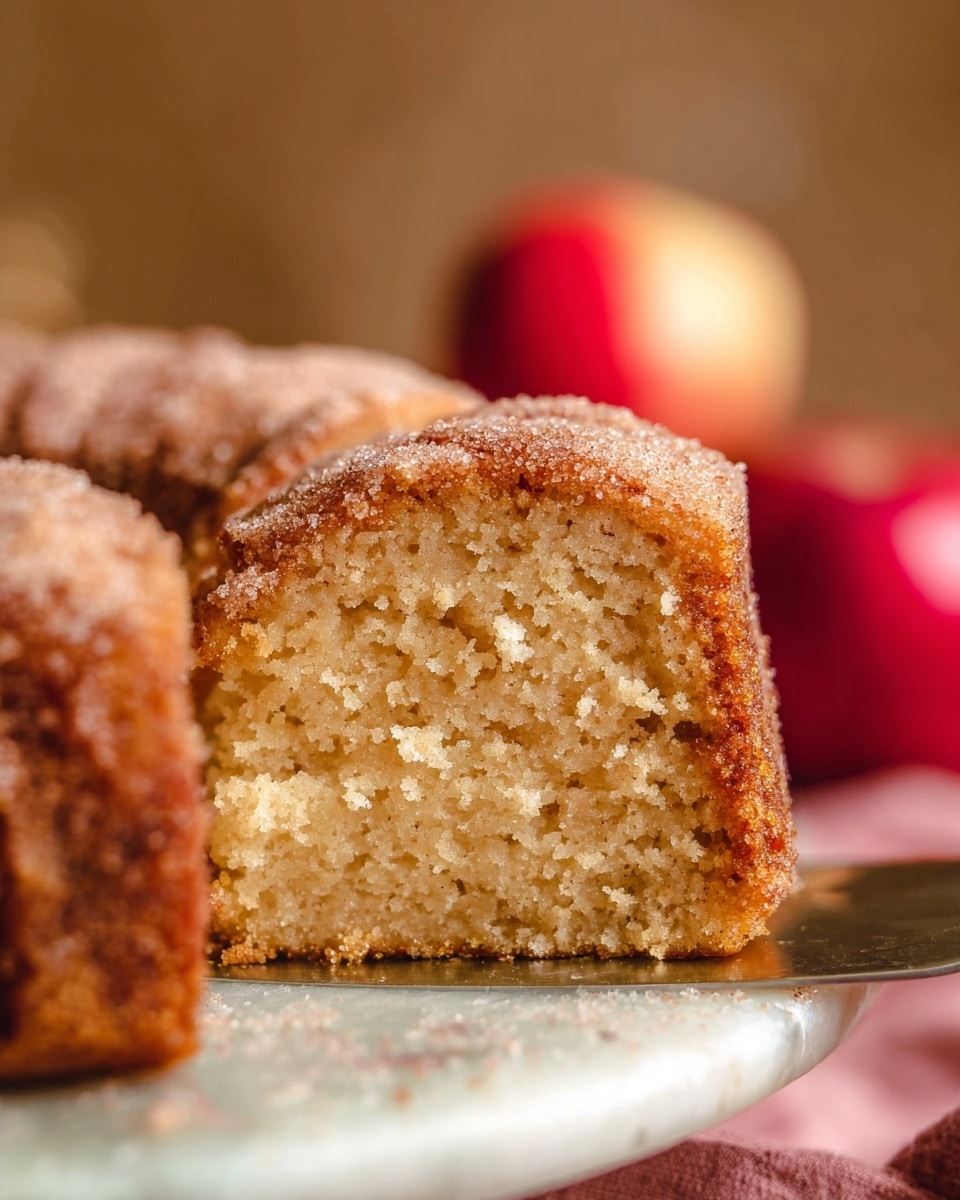 The image shows a close-up of a single slice of a round cake held on a metal spatula with a white marbled surface underneath. The cake has one thick layer with a golden brown crust covered in sugar crystals, and the inside is light brown with a soft, moist, crumbly texture. Behind the cake slice, out of focus, are red apples adding a warm touch. The scene has a cozy and inviting atmosphere. photo taken with an iphone --ar 4:5 --v 7