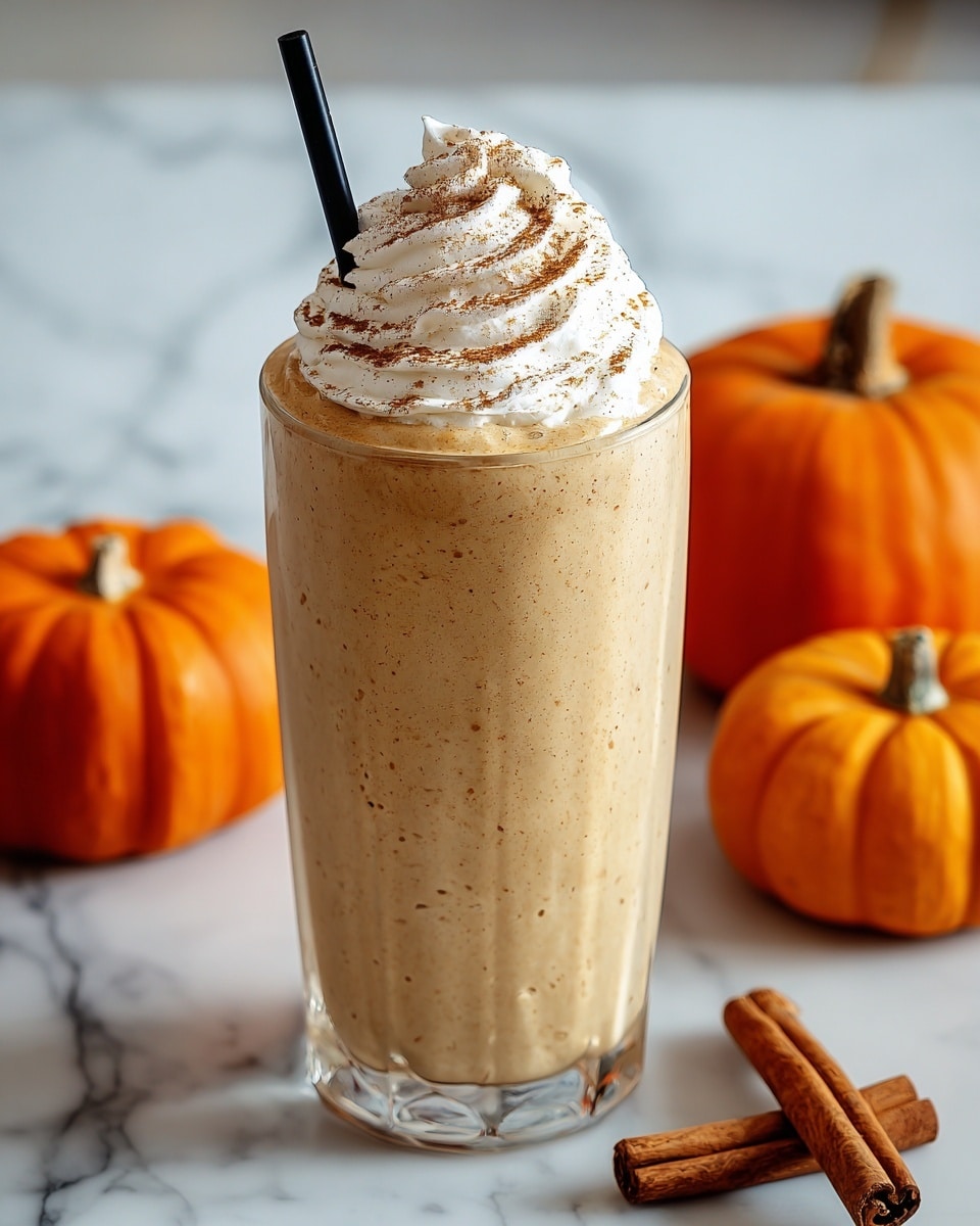 A tall clear glass filled with a light beige, speckled pumpkin-flavored drink, topped with a tall swirl of white whipped cream sprinkled with brown cinnamon powder, with a black straw inserted from the right side. The glass is set on a white marbled surface, surrounded by three cinnamon sticks and two orange pumpkins, one plain and one carved with a jack-o'-lantern face, both in the background. photo taken with an iphone --ar 4:5 --v 7