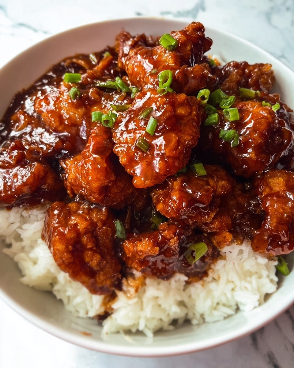 A white bowl filled with a base layer of fluffy white rice, topped with multiple pieces of golden-brown fried chicken coated in a thick, shiny dark reddish-brown sauce. Small pieces of chopped green onions are sprinkled on top, adding a pop of bright green color. The bowl is placed on a white marbled surface with some green onion stalks and a red and black cloth in the background. Photo taken with an iphone --ar 4:5 --v 7
