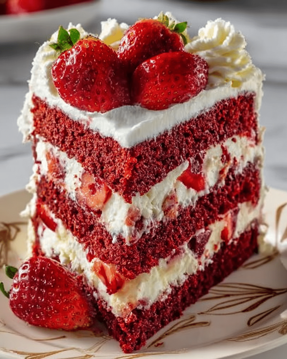A close-up view of a three-layer red velvet cake slice on a white plate with a delicate brown pattern around the edge, placed on a white marbled surface. The bottom layer is dark red with a smooth cream cheese frosting layer above it, followed by a bright red strawberry filling with visible strawberry pieces. The middle layer repeats the dark red cake with a thick white cream layer and more strawberry filling that slightly drips down. The top layer is the same dark red cake, covered with a thick white cream and topped with fresh whole and halved strawberries. Swirls of white whipped cream decorate the top and side of the cake, adding texture and height. Photo taken with an iphone --ar 4:5 --v 7