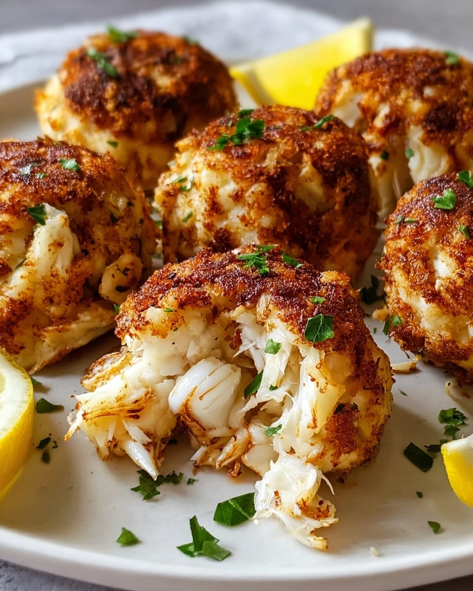 The image shows a close-up of six golden-brown crab cakes with a crispy outer layer and visible white crab meat inside. Each crab cake is round and topped with small bits of green herbs, scattered over and around them on the white plate. On the left side of the plate, there are two lemon wedges with a bright yellow peel. The overall texture of the crab cakes is crunchy on the outside with soft, flaky crab meat inside. The plate sits on a white marbled surface. Photo taken with an iphone --ar 4:5 --v 7