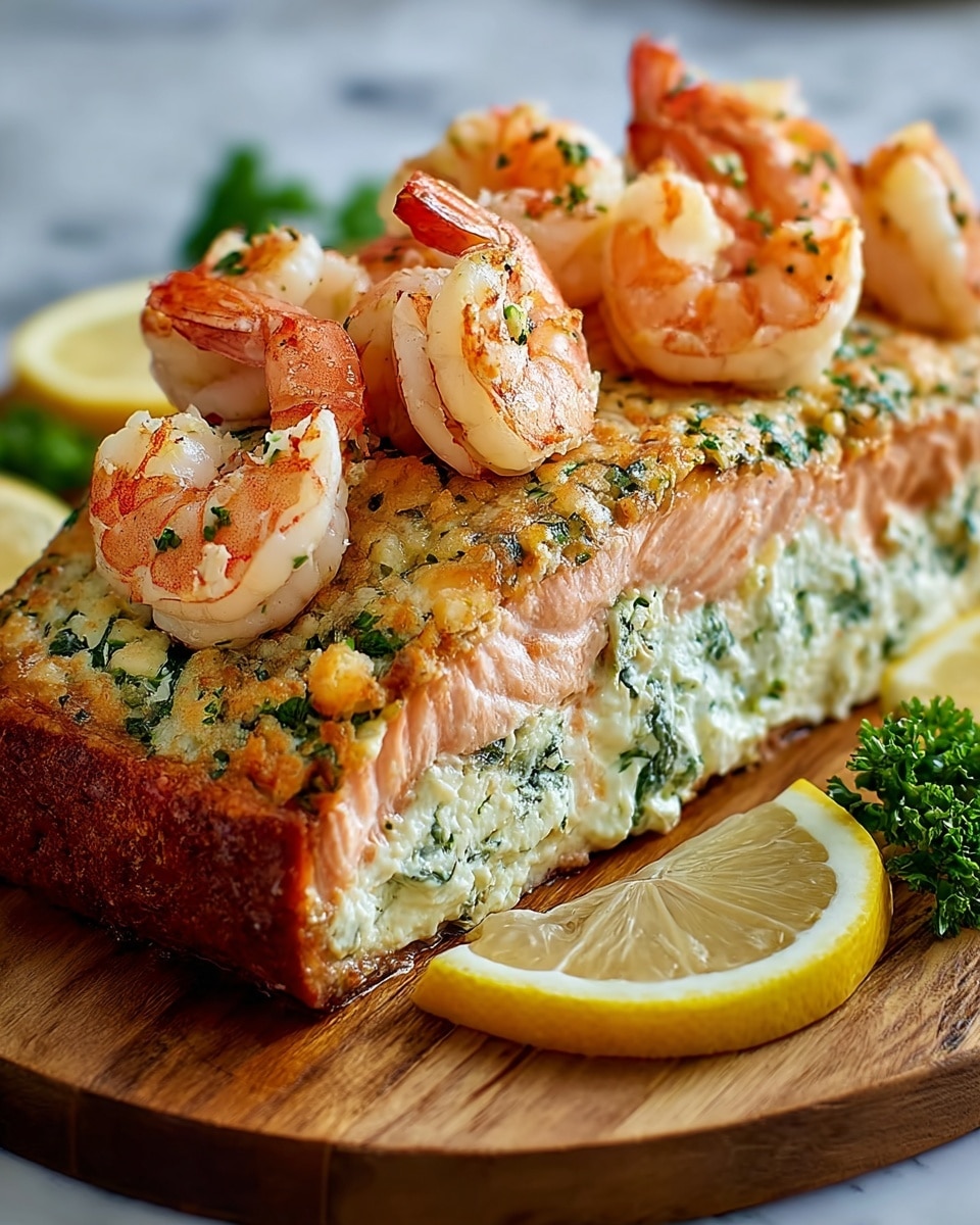 A thick, golden-brown grilled salmon fillet rolled and stuffed with a creamy white filling that contains herbs and whole shrimp visible inside the roll; the creamy mixture with herbs and shrimp spills out onto the white plate below, topped with cooked shrimp that have a slight char and bright orange-pink color, adding texture and depth; fresh green parsley is sprinkled on top of the salmon and shrimp, and two lemon wedges with bright yellow flesh sit on the side; the dish is placed on a white marbled surface. photo taken with an iphone --ar 4:5 --v 7