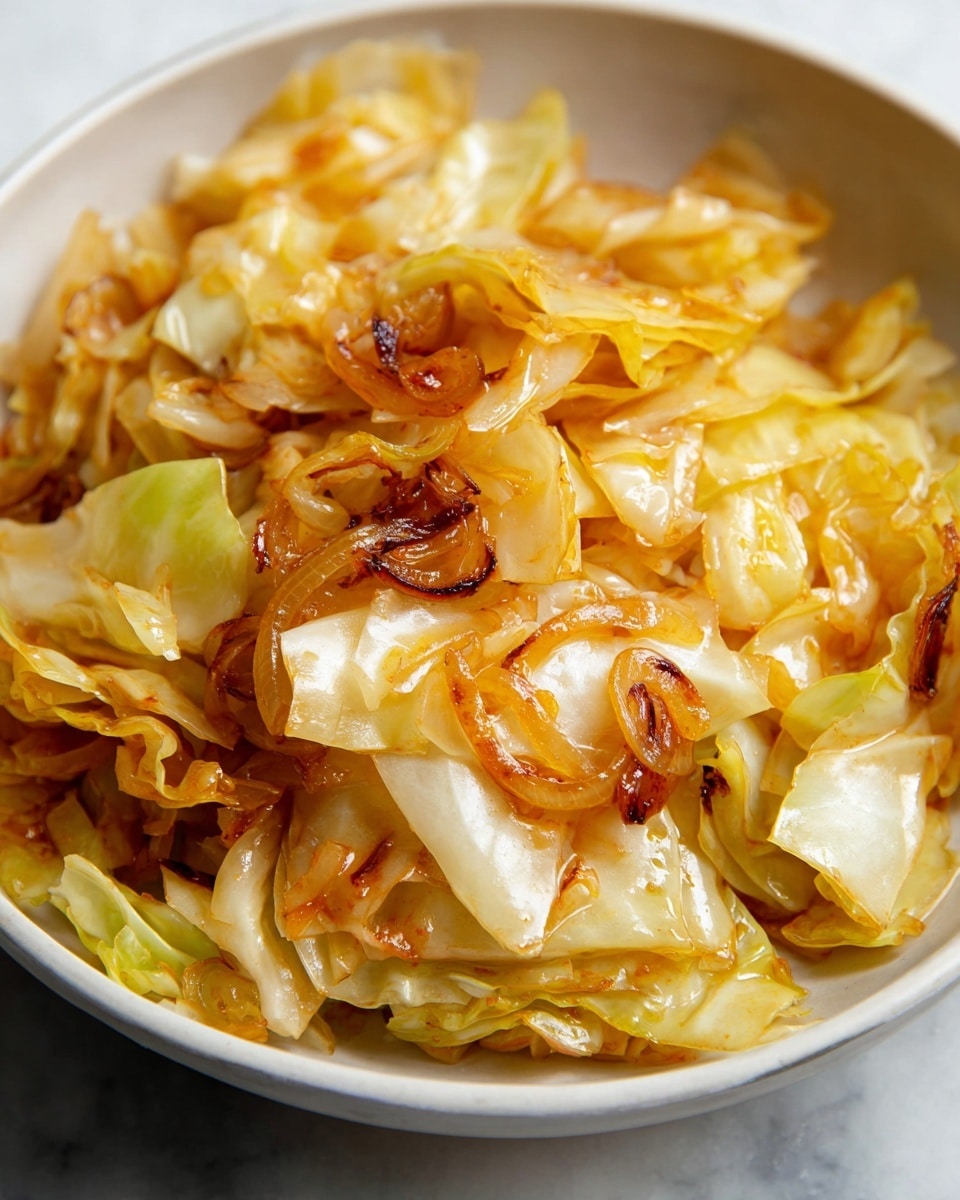 A close-up view of cooked cabbage pieces served in a white bowl, featuring roughly three layers of soft, translucent cabbage leaves. The main cabbage color is a mix of light yellow and pale green tones, with some pieces showing caramelized brown edges and a lightly oily, slightly glossy texture. The cabbage is mixed evenly with small, thinly sliced onions that have turned golden brown from cooking, adding contrast with their darker and crispier look. The bowl sits on a white marbled surface, creating a clean and bright background that highlights the warm tones of the dish. photo taken with an iphone --ar 4:5 --v 7